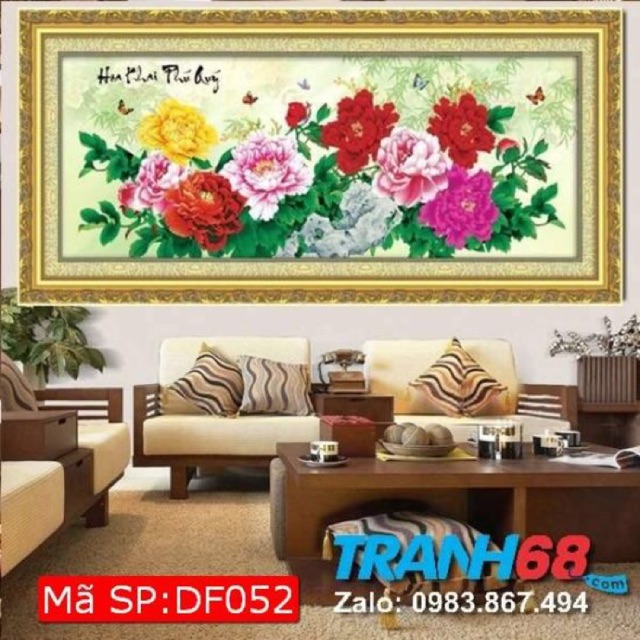 Tranh đính đá hoa mẫu đơn 150x60cm kèm hình thật