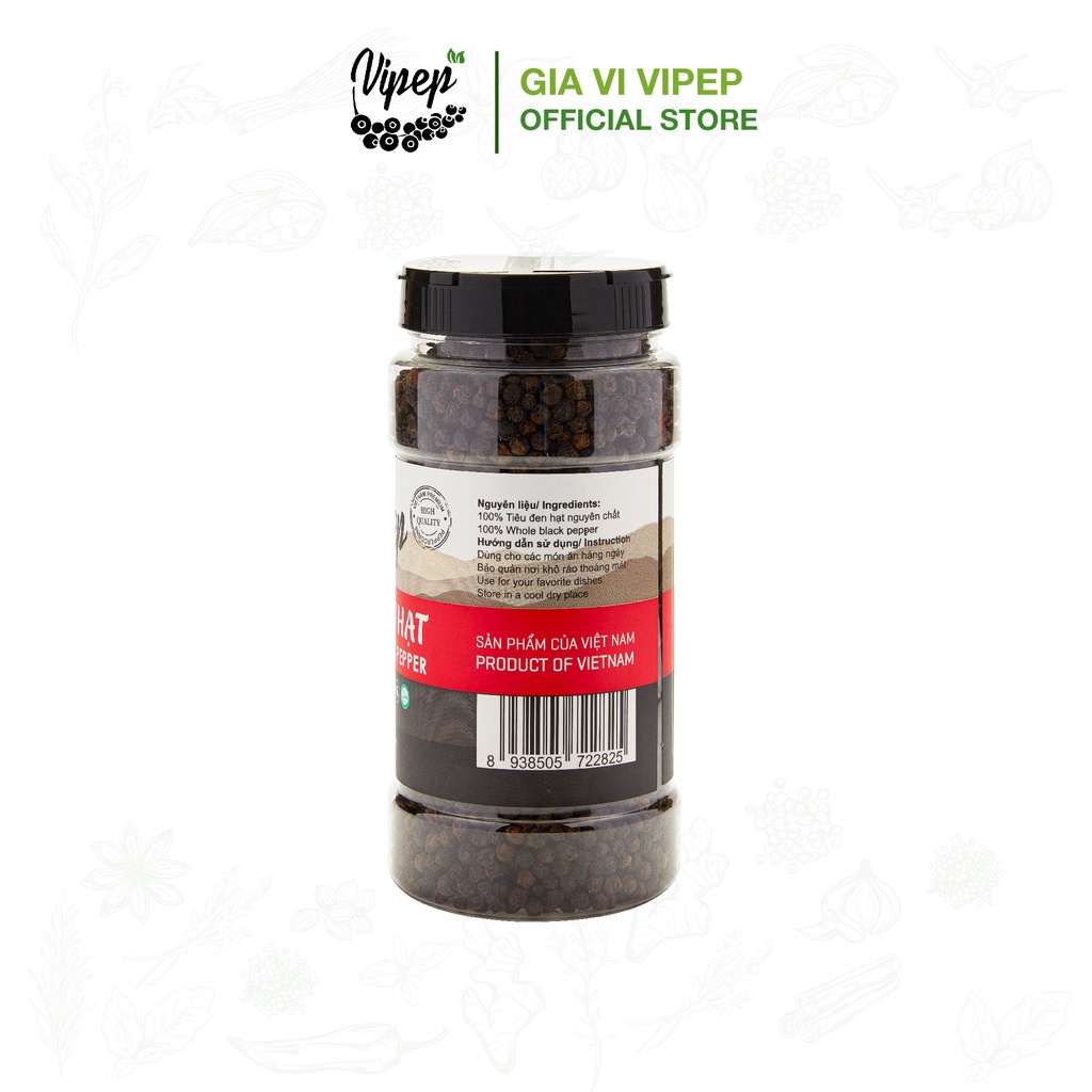 Tiêu đen nguyên hạt Vipep 250g, hạt tiêu đều chắc, không bị lép, gia vị nêm nếm hảo hạng 250g