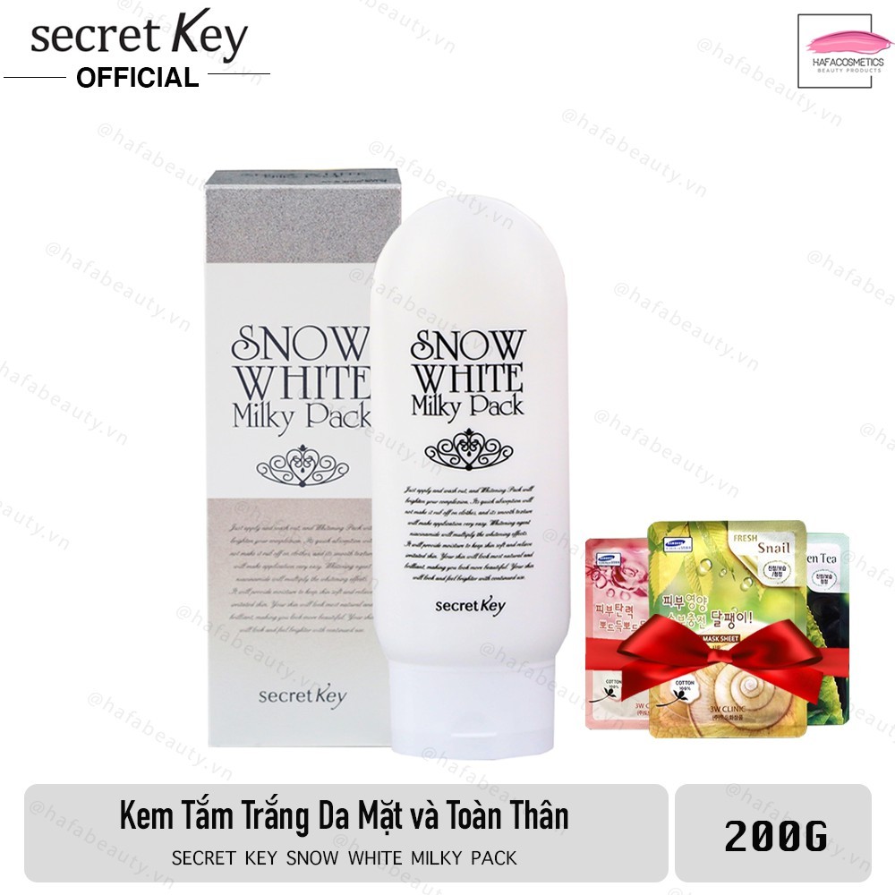 Kem tắm trắng toàn thân Secret Key Snow White Milky Pack 200g + Tặng 1 gói Mặt nạ dưỡng da 3W Clinic Fresh Mask Sheet 23