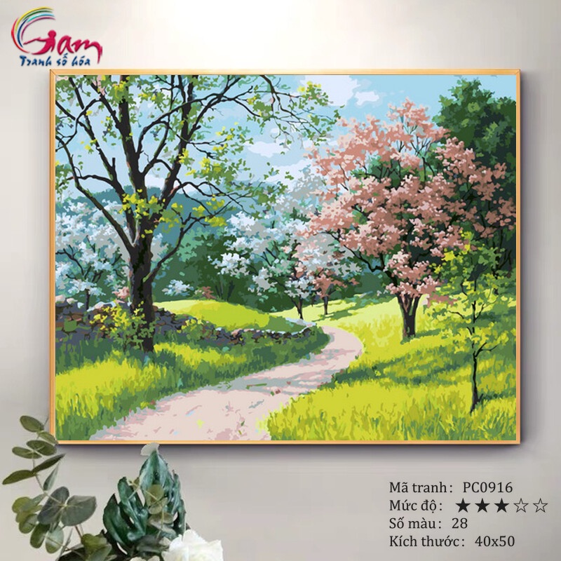 Tranh tự tô màu theo số sơn dầu số hóa Gam Tranh phong cảnh mùa xuân Đường mòn trong rừng hoa PC0916