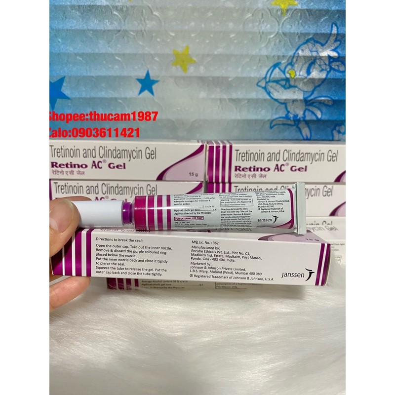 GEL Retino AC tretinoin 0.025% + Clindamycin 1% loại bỏ mụn viêm và chống lão hoá da 15g.