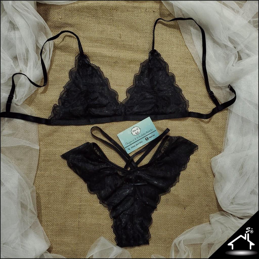 Bộ đồ lót sexy by Nhà Sò ren đen nhũ bạc không mút quần dây X NS146