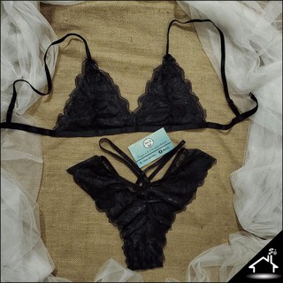 Bộ đồ lót sexy by Nhà Sò ren đen nhũ bạc không mút quần dây X NS146