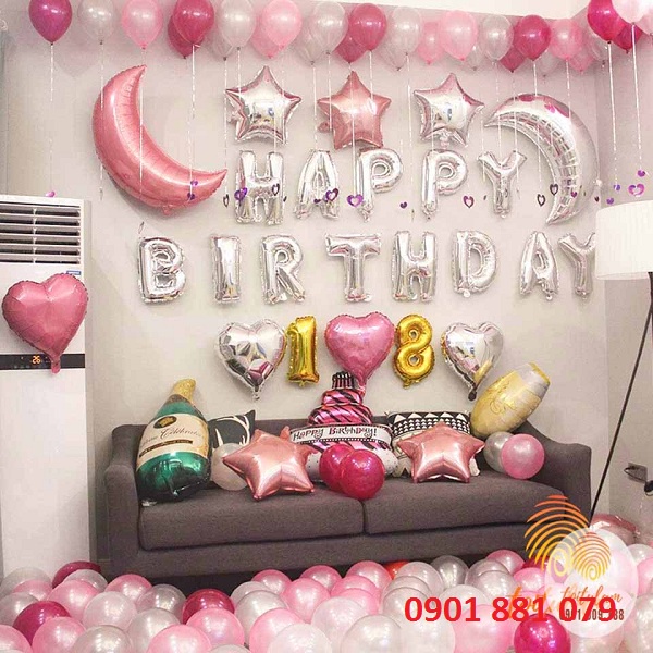 Combo Set Trang Trí Sinh Nhật tone màu hồng trắng dễ thương cho bé gái
