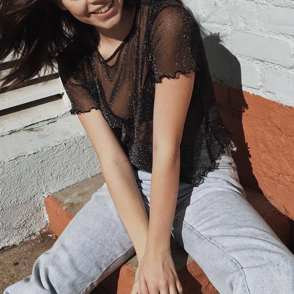 Áo Crotop trong suốt tay ngắn cổ tròn 2 màu trắn/đen | BigBuy360 - bigbuy360.vn