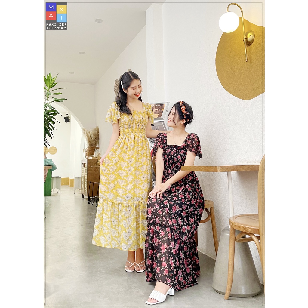 Váy Cánh Tiên Tay Bồng Cao Cấp Maxi Đẹp Hoa Đỏ Nền Đen Ôm Dáng Thướt Tha