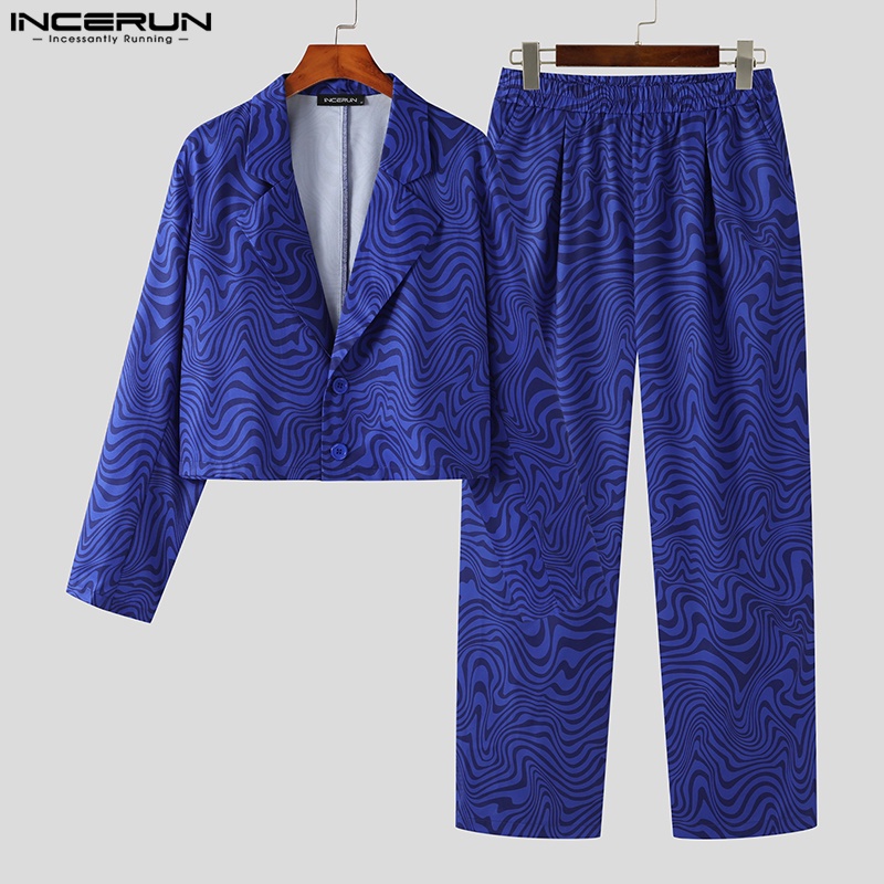 Set trang phục INCERUN áo khoác blazer dáng ngắn và quần dài in họa tiết phong cách vintage thời trang cho nam