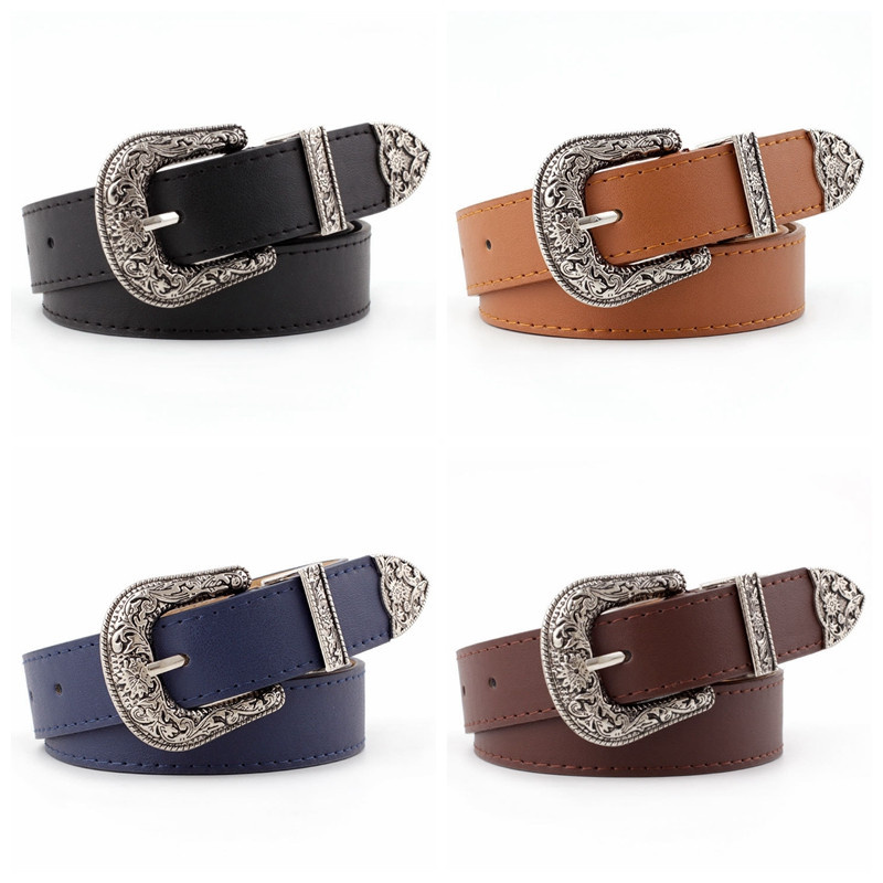 Thắt lưng da PU khoá chốt chạm khắc phối váy và quần jeans kiểu dáng thời trang phong cách vintage cho nữ