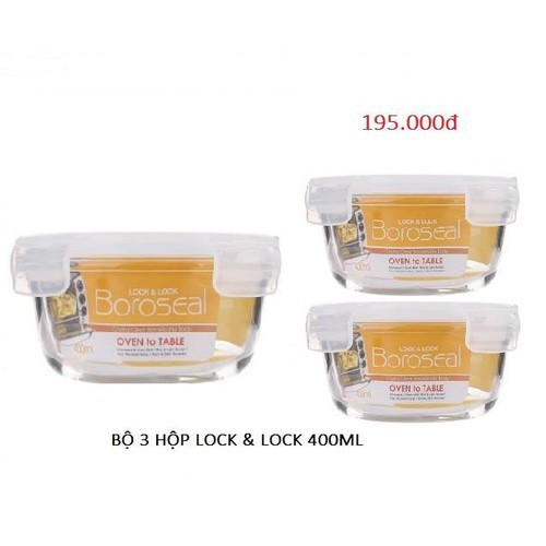 Set 3 Hộp thủy tinh tròn Lock Lock LLG822 400ml chuẩn hàng loại 1