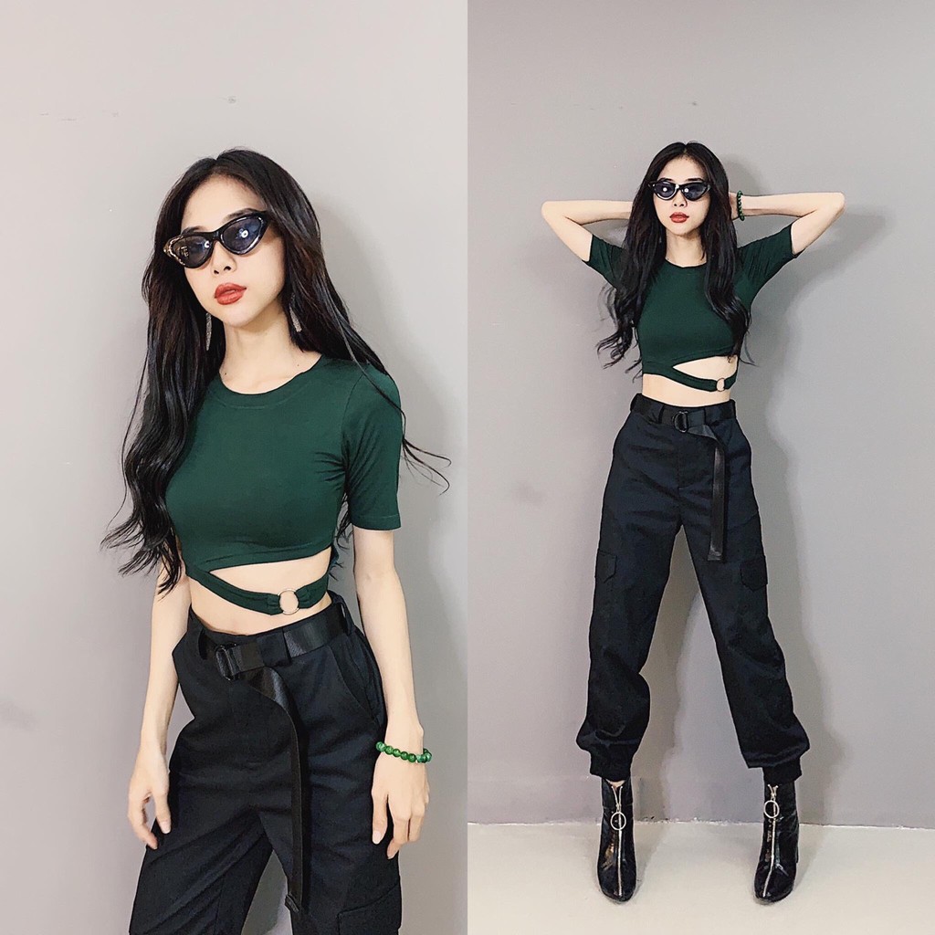 Áo Thun Tay Ngắn Form Croptop Phối Dây Kết Hợp Khoen Eo Kiểu Phá Cách TTS0842