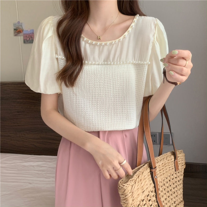 Áo Kiểu Tay Phồng Phối Lưới Đính Ngọc Trai Thiết Kế Mới Thời Trang Mùa Hè Cho Nữ
