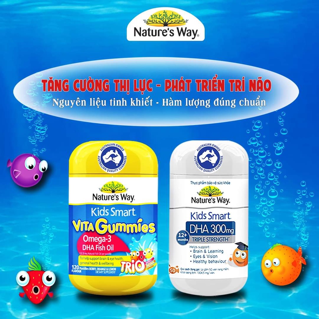Kẹo dẻo Nature's Way Kids Smart Vita Gummies Omega-3 DHA Fish Oil tăng cường  trí thông minh 60 viên Extaste