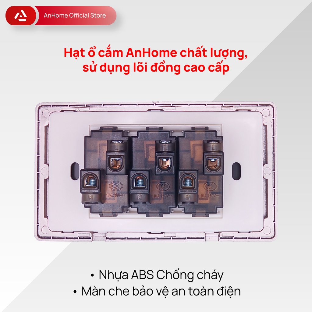 Ổ cắm điện mặt kính cường lực chữ nhật 2 chấu viền mạ Champagne AnHome GR-U2