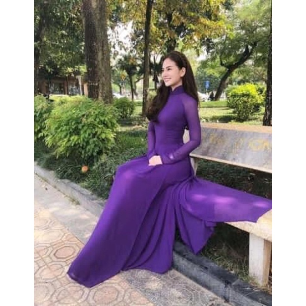 Áo dài trơn cổ cao chất liệu chi phông 4 tà _ ANNA MS78