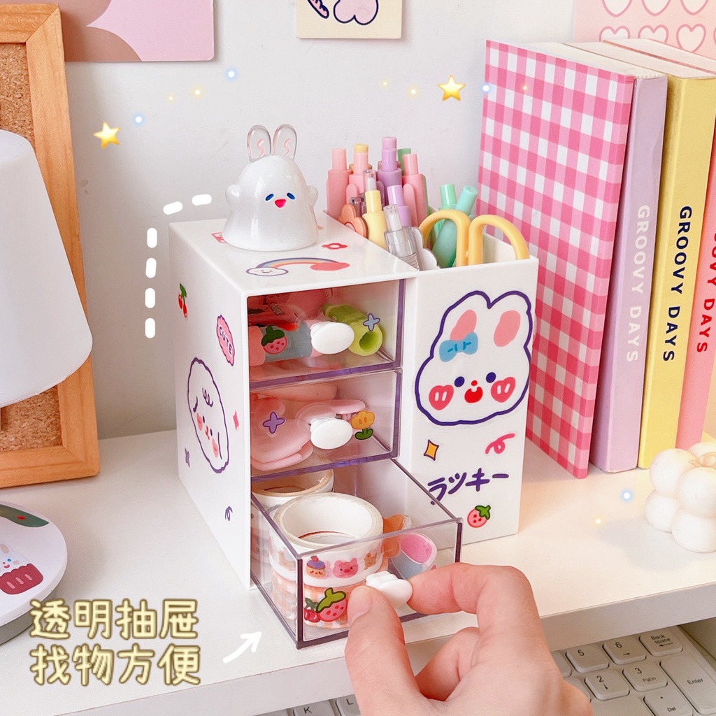 Tủ mini 3 tầng 1 ngăn ống bút xinh xắn đáng yêu đựng sticker washi tape phụ kiện để bàn học tập văn phòng hottrend decor
