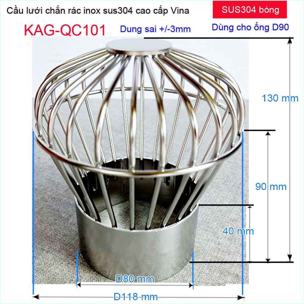 Cầu lưới Inox 304 dày D90-114 chắn rác sân thượng KAG-QC101, cầu chặn rác thoát nước mưa D90-114