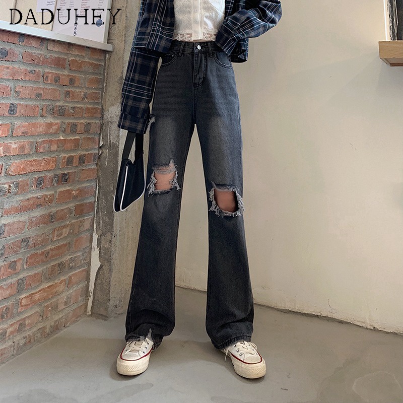 Quần jean nữ Daduhey dáng ôm vừa ống suông cạp cao retro thiết kế rách độc đáo dễ phối đồ thời trang mới mùa hè