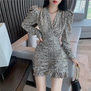 đầm dài Tay Dài Cổ Chữ V Họa Tiết Da Báo Thời Trang Quyến Rũ 2020