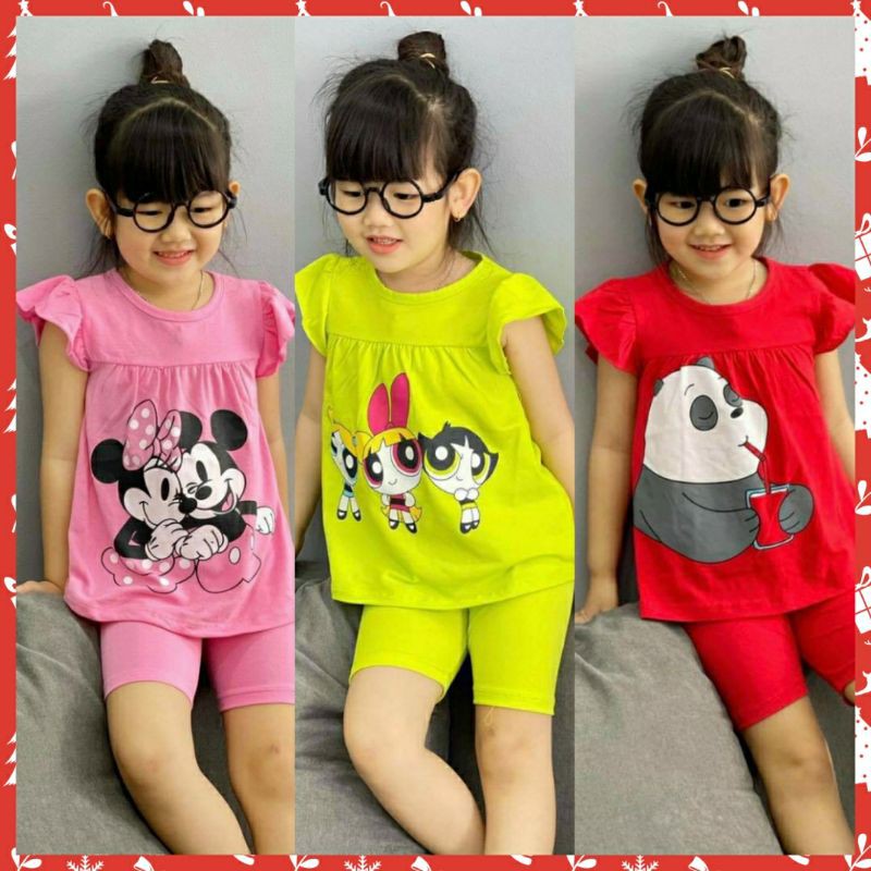 [10-21ký] Bộ đồ ngố thun cotton màu in hình hoạt hình siêu cưng cho bé gái