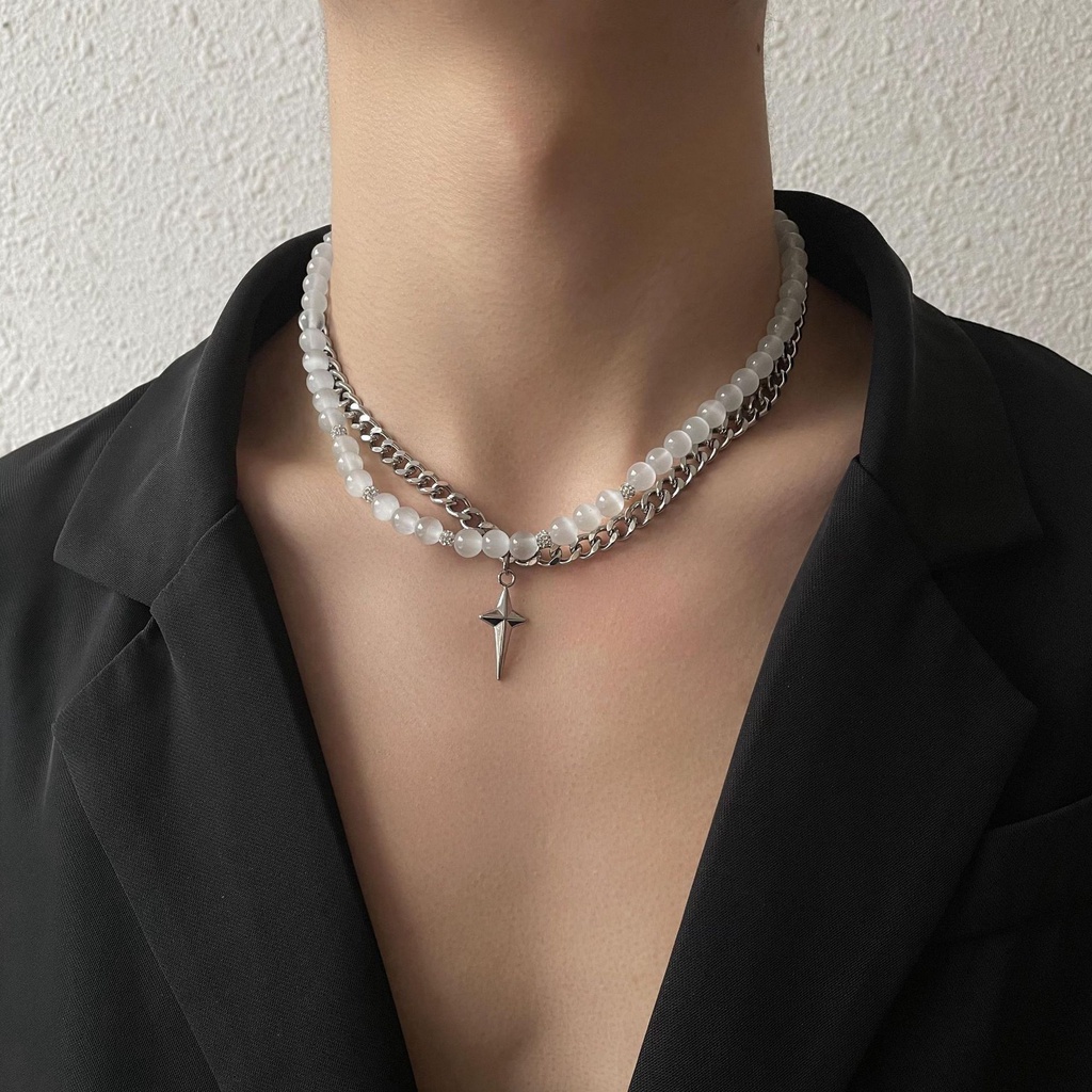 Dây chuyền hai lớp cao cấp mặt ngôi sao bốn cánh thép titan vòng cổ đôi nam nữ không đen