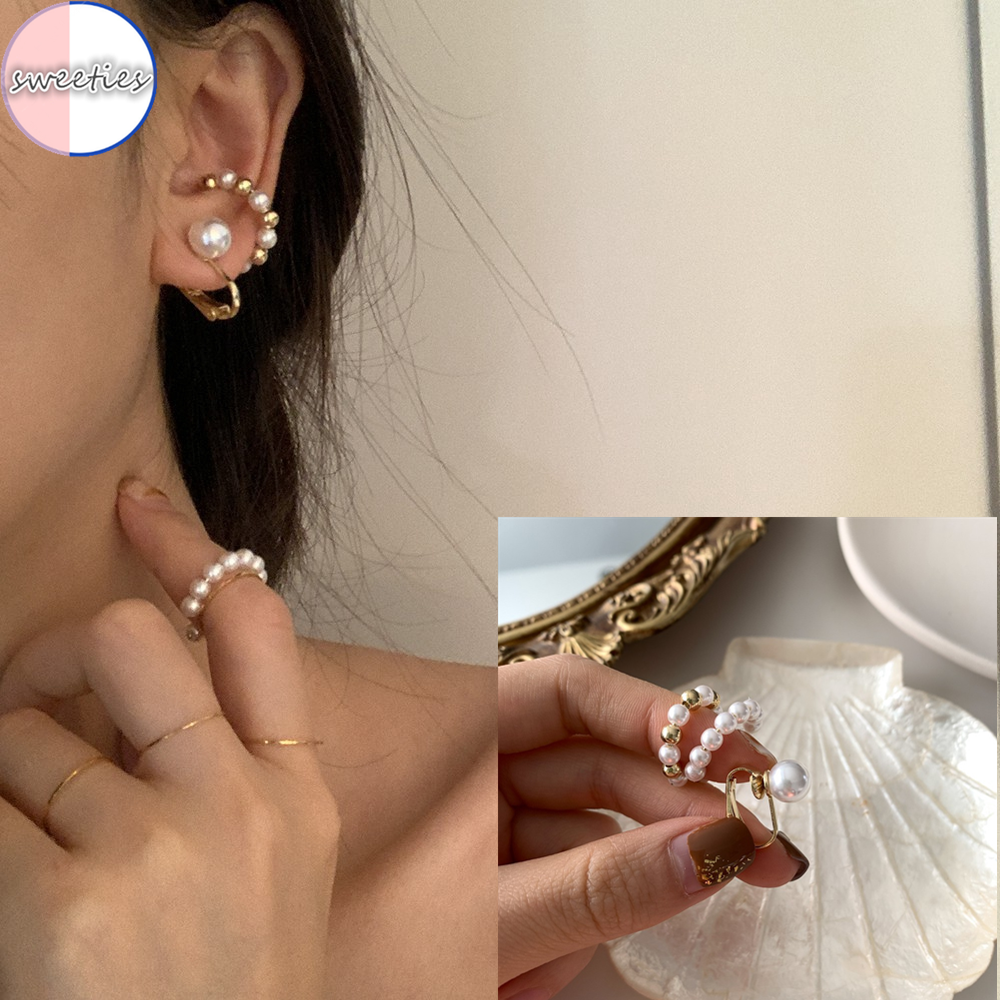 Set 3 Khuyên Vành Tai Đính Ngọc Trai Phong Cách Retro