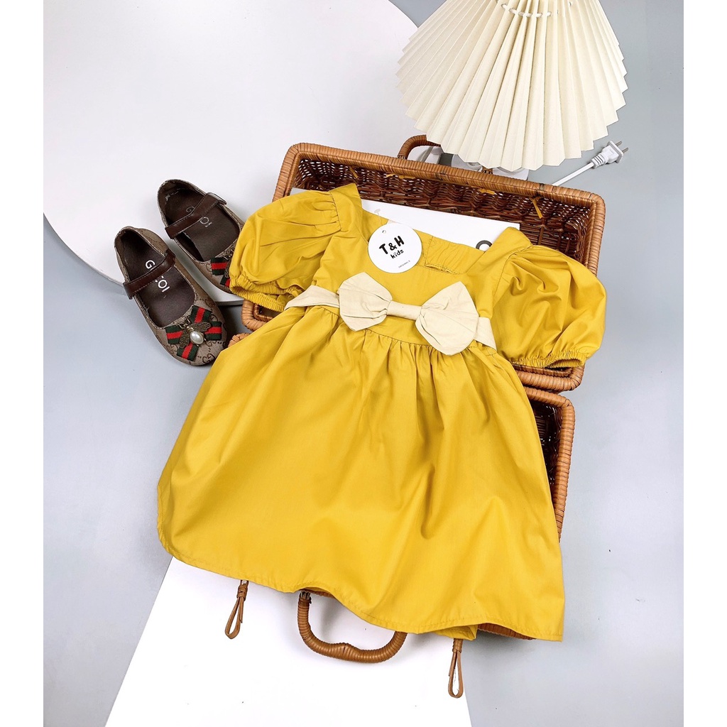 Váy bé gái babydoll cổ vuông tay bồng nơ ngực - đầm công chúa chất thô mềm cực xinh cho bé từ 8 đến 20 kg