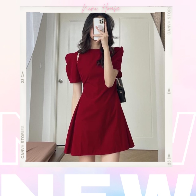 Váy nhung khoét vai tay bồng sang chảnh