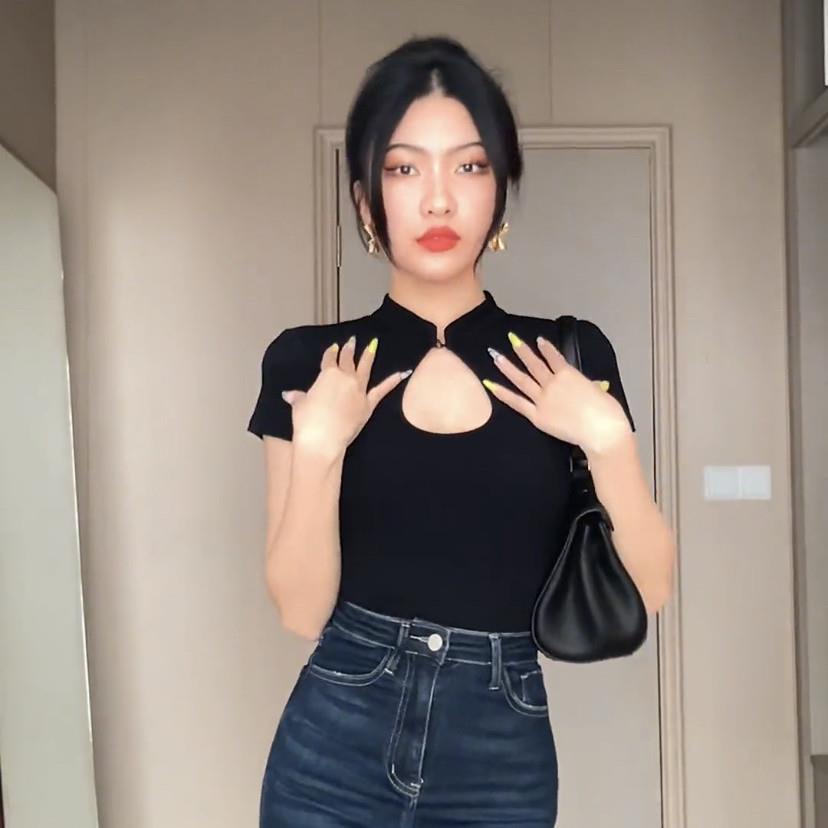 Áo Thun Ngắn Tay Khoét Lỗ Rỗng Phong Cách Sườn Xám Cổ Điển Mùa Hè Mới Cho Nữ