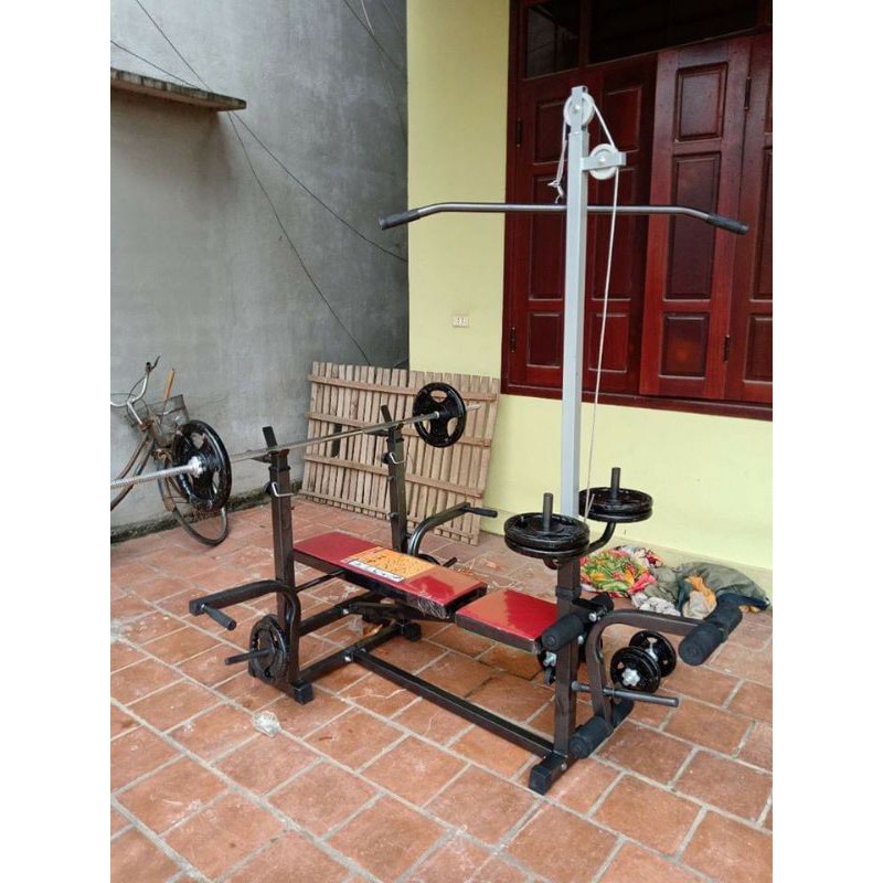 Ghế tập tạ đa năng xuki kèm đòn đẩy 1m5 găng tập tạ và 50kg tạ gang