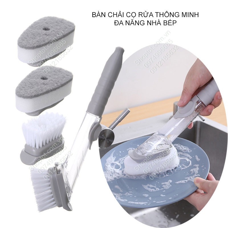 Chổi cọ rửa Chén thông minh kèm bình xịt chứa xà phòng tiện lợi / Cọ chà rửa xoong nồi