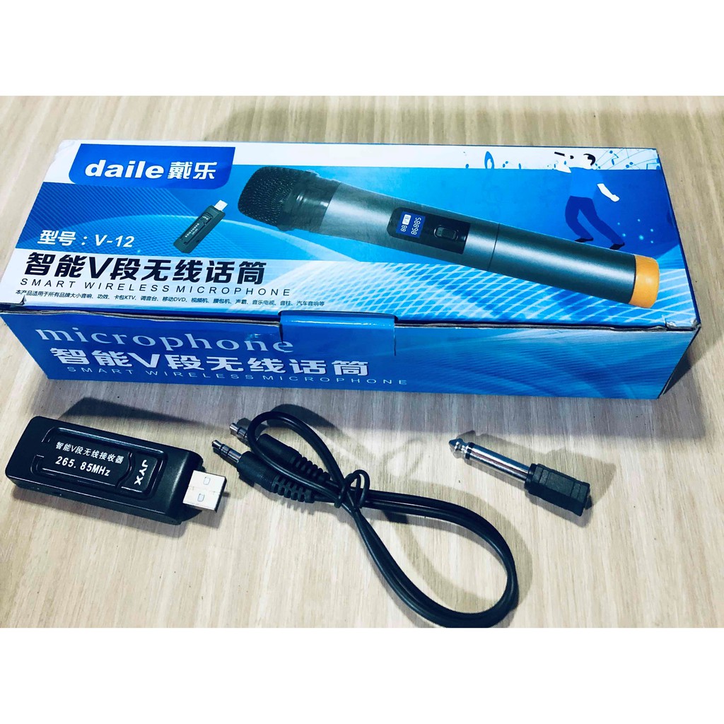 Micro Karaoke không dây cho loa kéo Daile V12 màn hình LCD (đen) - Hỗ trợ jack cắm 3.5mm và 6.5