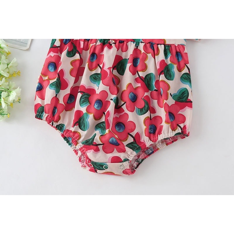 Bộ Áo Liền Quần Tay Phồng Chất Liệu Cotton Đính Nơ In Hoa Thời Trang Mùa Hè Cho Bé Gái Sơ Sinh