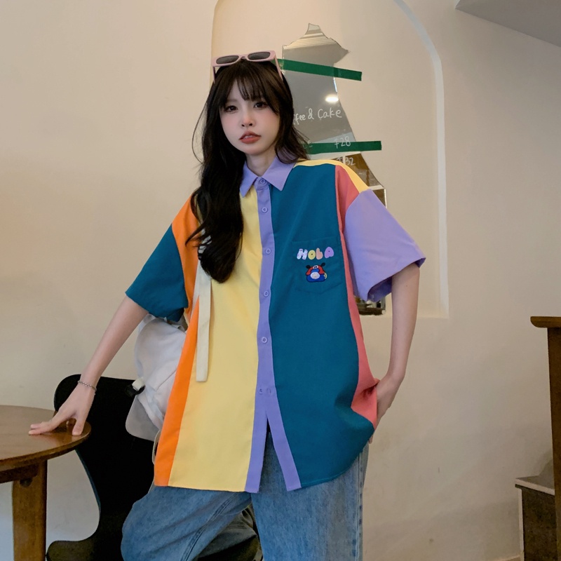 Áo sơ mi ZHELIHANGFEI ngắn tay cổ polo dáng rộng theo phong cách Preppy dễ phối đồ