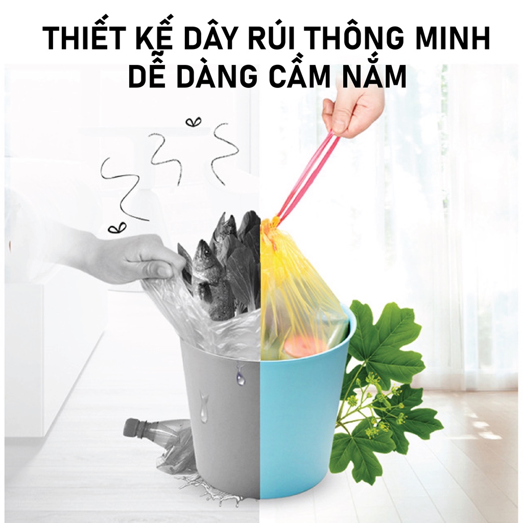 {Phân loại rác}Túi đựng rác có quai rút tiện lợi kích thước 45x50 cm, túi phân loại rác tự phân hủy siêu dai 15 túi/cuộn