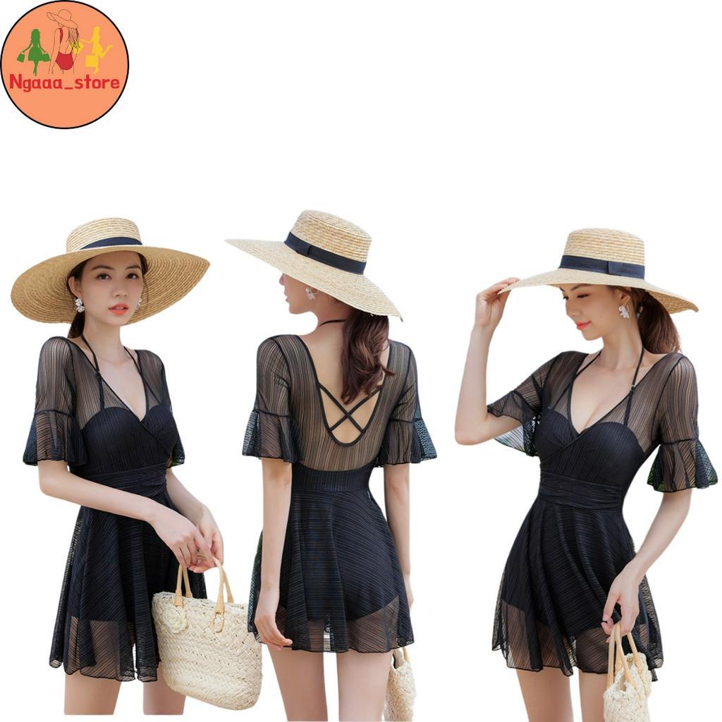 Đồ bơi nữ liền thân đi biển kín đáo BK0666, Bikini 1 mảnh tay cánh tiên có quần bảo hộ chân váy phong cách hàn quốc