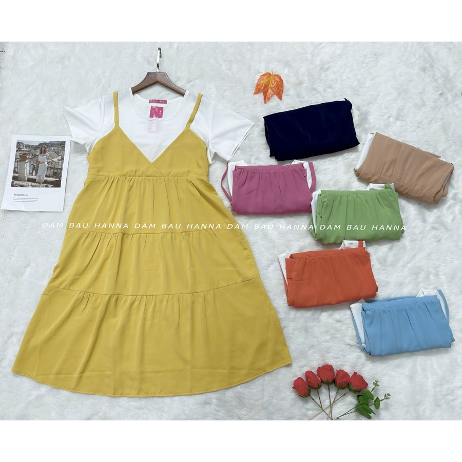 [HANNA] Đầm bầu giả yếm dễ thương cho mẹ trẻ free size 40-75kg với vải chéo mỹ cao cấp thoáng mát mùa hè không nhăn