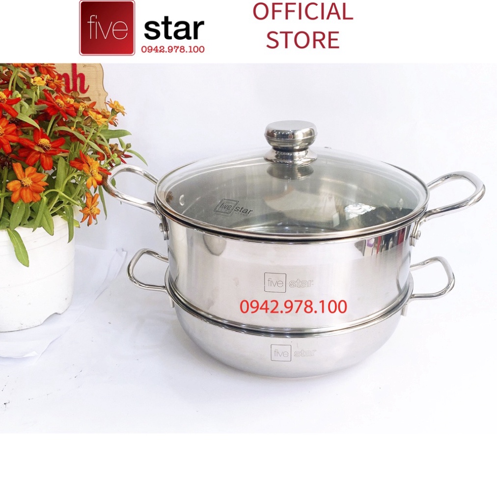 Nồi lẩu xửng hấp cao cấp FIVESTAR 3 đáy từ nắp kính 24cm / 26cm / 28cm , tặng 5 muỗng ăn