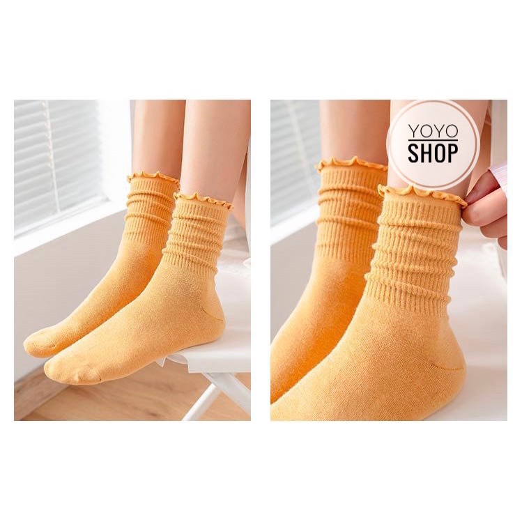 Tất cổ cao nữ bèo nhún, vớ bèo nhún nữ cổ cao màu trơn basic thời trang Vintage Hàn Quốc nhiều màu