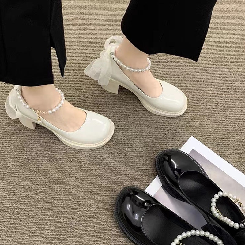 Giày Cao Gót Da Đế Dày Trẻ Trung Phong Cách Hàn Quốc