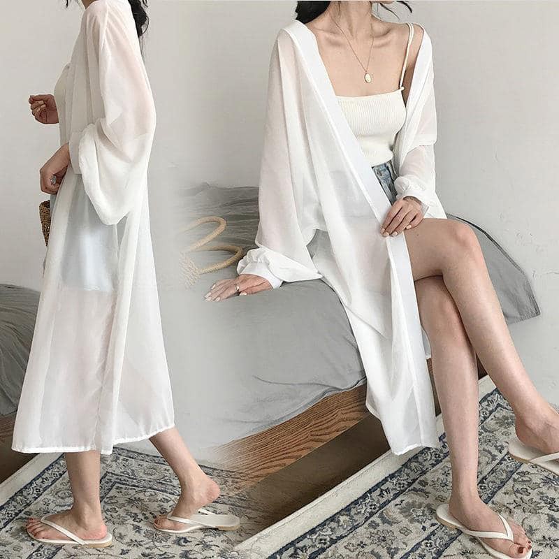 Áo choàng đi biển màu trắng kiểu Hàn Quốc sang chảnh, áo khoác đi biển
