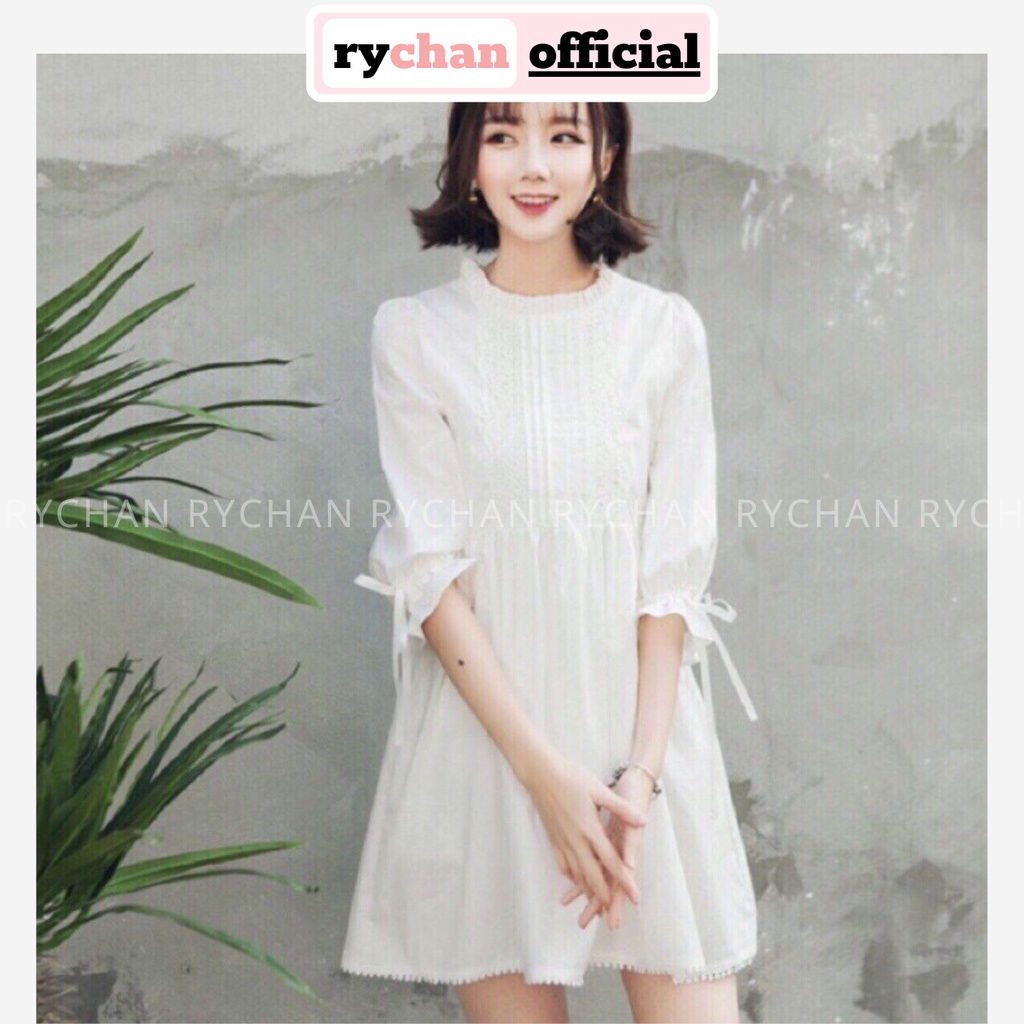DX555 - Đầm Xòe Form Babydoll Trắng Phối Tay Nơ
