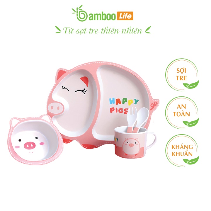 Khay ăn dặm sợi tre Bamboo Life BL031 bộ chén cao cấp 5 món gồm thìa, dĩa, khay, bát, cốc hình thú cute