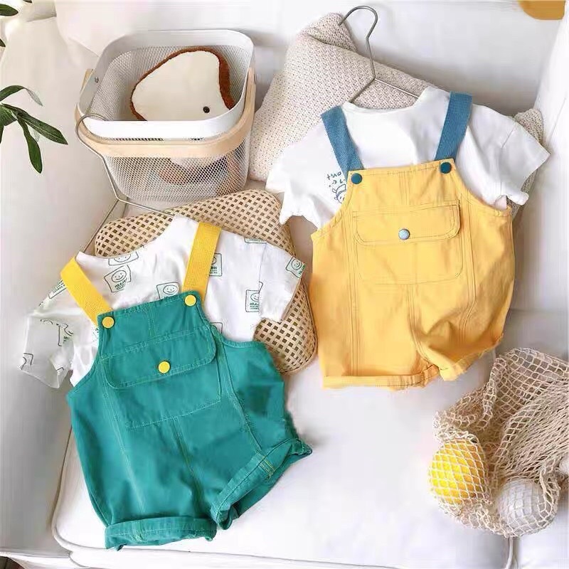 Set body yếm rời chất kaki kèm áo pull cho bé trai và bé gái dễ thương - yếm đùi rời mùa hè bé sơ sinh - áo quần trẻ e