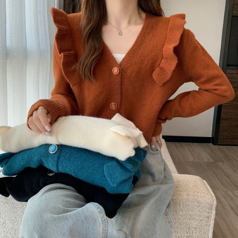 Áo cardigan dệt kim cổ chữ V tay dài nhún bèo thời trang mùa thu dễ phối đồ