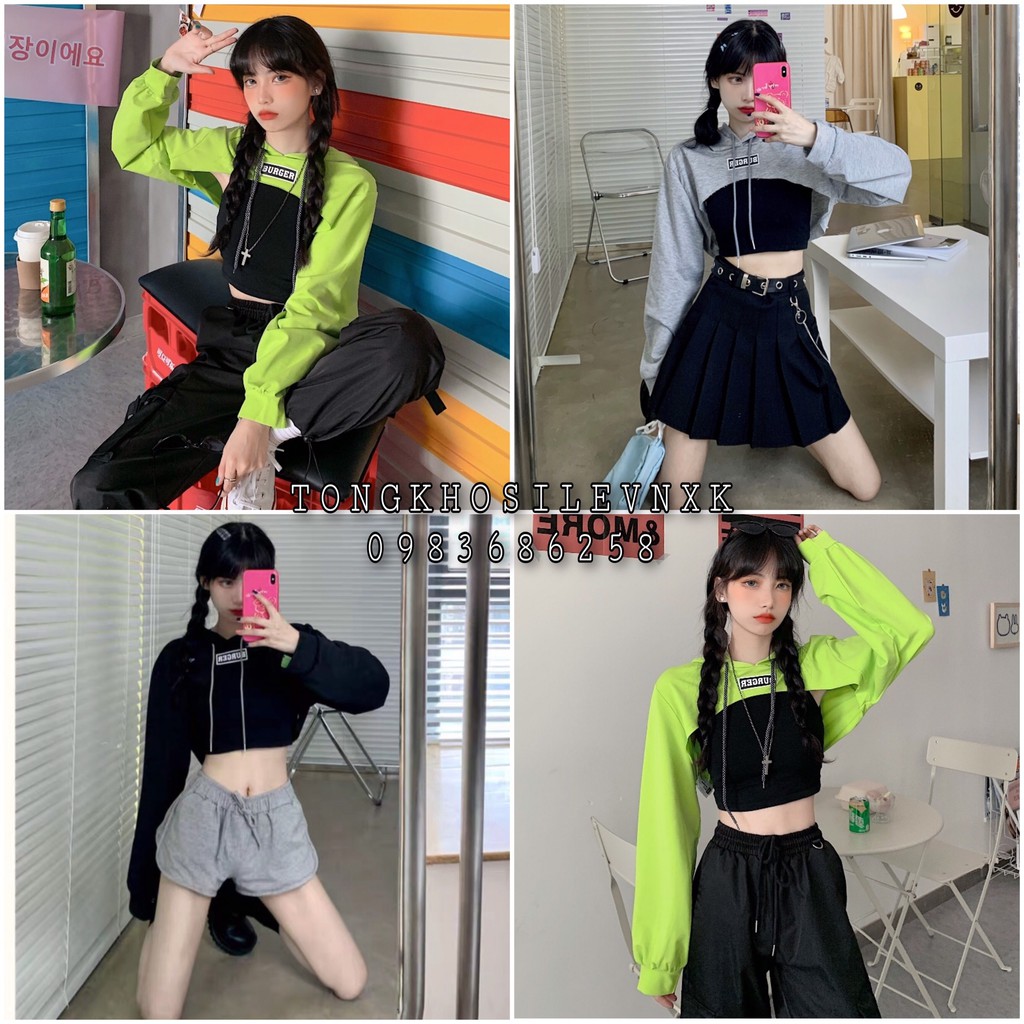 SET 2 MÓN ÁO HOODIE CROPTOP BURGER Cut out Xanh neon Xám Đen + Áo Tanktop Đen ULZZANG