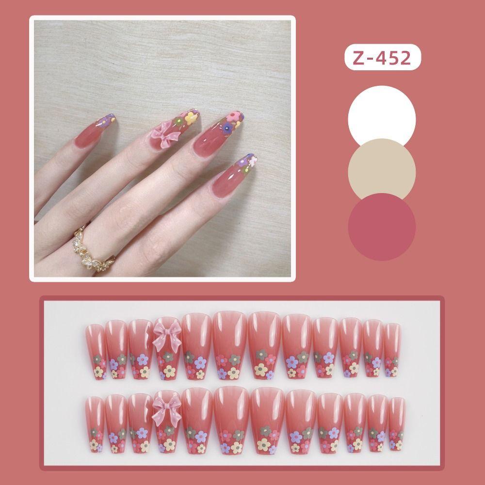 MIHAN1 Bộ 24 Móng Tay Giả Che Phủ Toàn Diện Họa Tiết Hoa Xinh Xắn