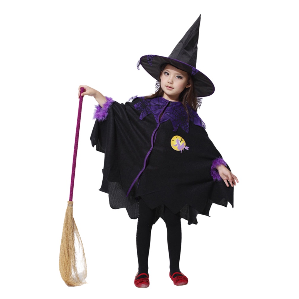 Đầm Hóa Trang Phù Thủy Halloween Kèm Nón Dành Cho Bé Gái