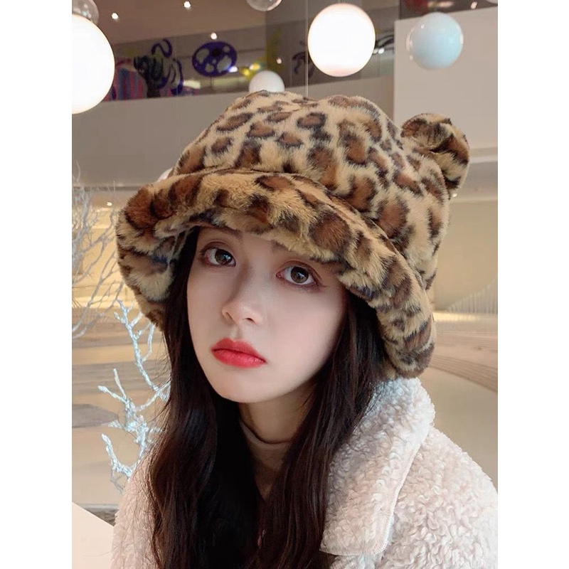 Nón Tai Bèo Phủ Lông Dày Dặn Giữ Ấm Mùa Đông In Họa Tiết Da Báo Dễ Thương Phong Cách Nhật Bản Cho Nữ