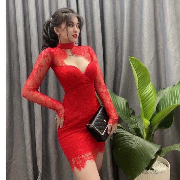 ✔️hienphamstore✔️ Đầm ren CAO CẤP cúp hở ngực tay dài, đầm tay ren - DN8277