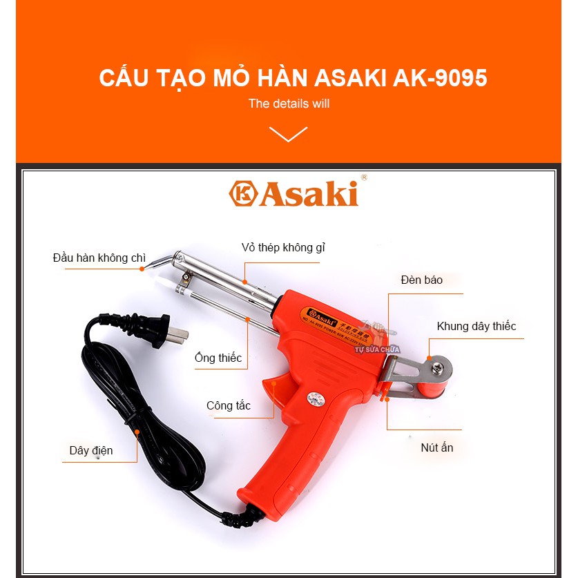 Mỏ hàn nhiệt điện tử tự động đẩy thiếc chính hãng Asaki AK-9095 60W loại xịn -  Tặng thiếc &amp; nhựa thông